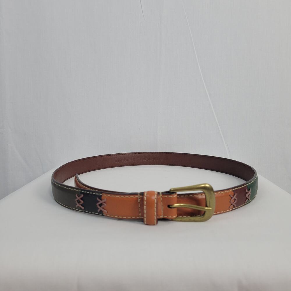 Earth Tone Patchwork Genuine Leather Belt women's sz L Boho Country Artsy Rodeo - Picture 2 of 9